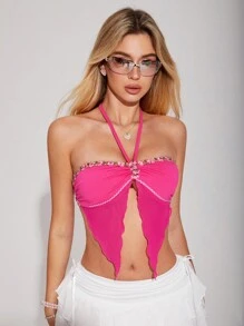 Sweetina Y2k Holiday Slim-Fit Mesh Halter Top With Embroidery And Lace Hem Decoration Summer Outfits - Pink - View 7