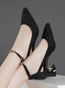 2025秋冬季高跟鞋，粗跟，低鞋面，水钻搭扣，情人节款，优雅，女士浅口鞋，优雅 - 黑色 - 查看 3