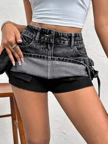 Gonna estiva in denim nero a vita alta con tasche multiple a righe