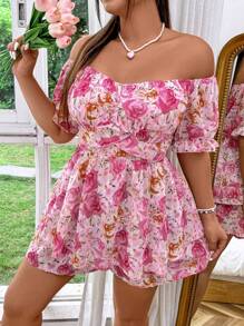 Sunnyshic Plus Size Boho Off-Shoulder Short Sleeve Chiffon Romper For Women, For Summer