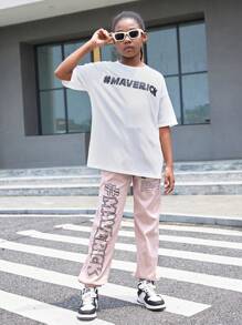 SHEIN Tween Girl Loose Round Neck Short Sleeve Letter T-Shirt And Drawstring Long Pants Casual 2pcs Outfit