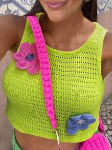 SHEIN Unity Women's Round Neck Solid Color Knitted Sleeveless Top With Floral Decor - Mustard Yellow - View 3