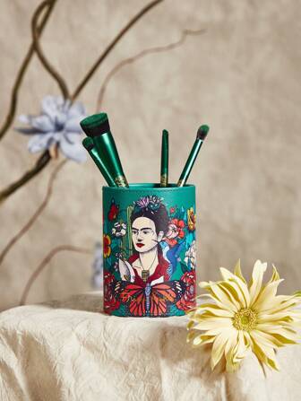 Frida Kahlo X SHEIN Schminkpinselhalter mit Motiv und Schmetterlings-Blumenaufdruck, ein Geschenk