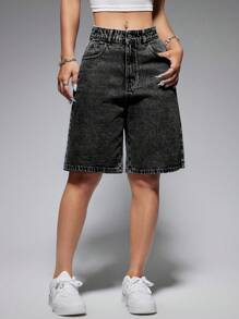 SHEIN EZwear Shorts de mezclilla de verano para mujer de moda de unicolor - Gris - Ver 4