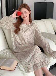 DAZY Women's Cherry Print Round Neck Sleep Dress With Ruffle Hem - Apricot - View 9