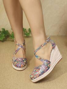 Thời Trang Mới Peep Toe Bohemian Nêm Gót Với Hoa Văn Nhiều Màu Sắc Và Dây Bện Mỏng Dành Cho Nữ - Màu xanh lam - Xem 2