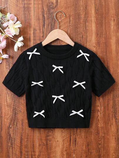 SHEIN 短袖毛衣少女時尚系列-蝴蝶結裝飾款