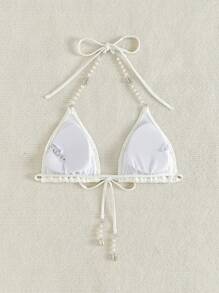 SHEIN Swim 女士純色性感露背三角泳衣上衣，適用於海灘假日 - 白色 - 查看 4