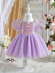 SHEIN Baby Girl Puff Sleeve Mesh Party Princess Dress - Purple - View 3
