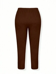 Plus Size Women Casual 3/4 Solid Color Drawstring Pocket Pants - Brown - View 2