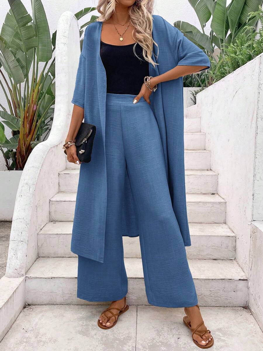 Breezaya Abrigo y pantalón largos de unicolor para mujer, conjunto de 2 piezas para atuendo casual de verano en vacaciones - Azul - Ver 1