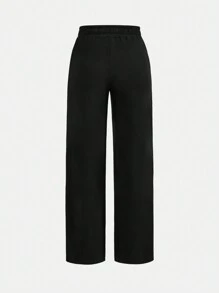 Teen Girl Front Button Decor Crop Top & Split Hem Pants - Black - View 7