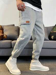 Claim Dot Men Patched Detail Flap Pocket Side Joggers - Light Grey - View 1