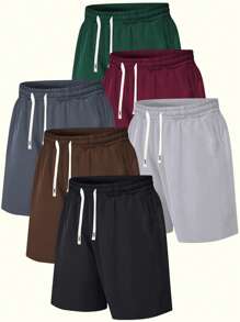 6-częściowy zestaw męskich szortów, kolorowe, letnie nowości, sportowy wypoczynek, szorty plażowe, klasyczny retro, jednolity kolor, sznurek, elastyczny pas, kieszenie, odzież do biegania na świeżym powietrzu, 5 nogawek