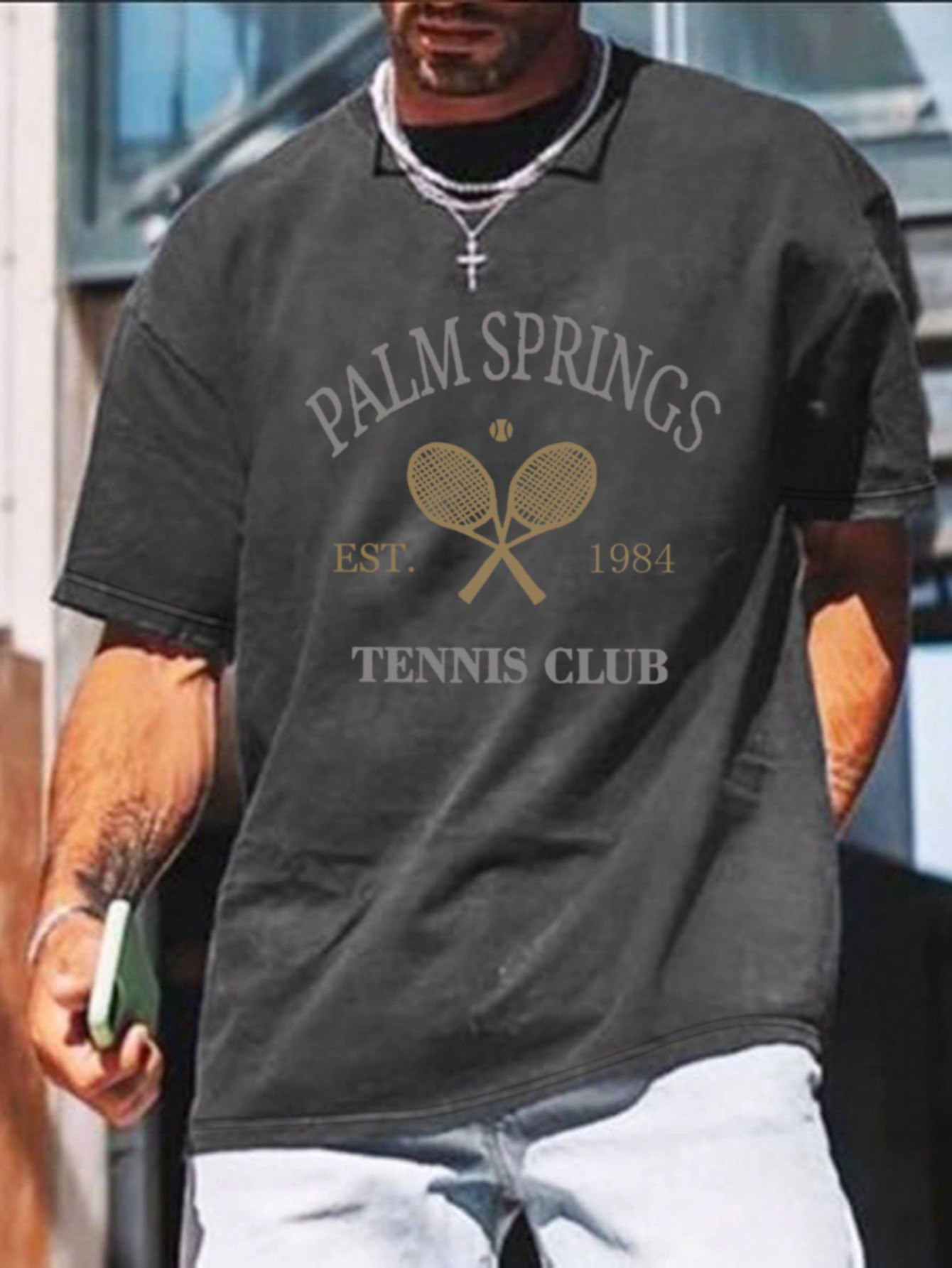 Men's Fashion Tennis Racket Print Round Neck Casual T-Shirt