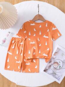Young Girl Orange Simple Print Round Neck Short Sleeve And Shorts Home Wear Set, Snug Fit - Orange - View 2