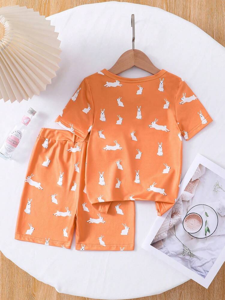 Young Girl Orange Simple Print Round Neck Short Sleeve And Shorts Home Wear Set, Snug Fit