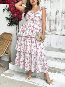 SHEIN Privé Plus Size Elegant White Summer Boho Tea Party Holiday Dress,Floral Print Square Neck,Ruffle Layered Sleeves,Open Back,Loose Fit Casual Long Pink Dress - Pink - View 6