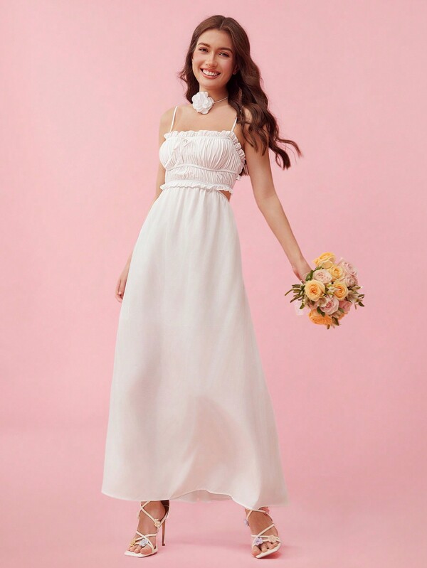 Enchnt Women Elegant Sling Maxi Casual White Summer Dress With Hollow And Mushroom Decoration Hawaiian Graduation