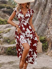 SHEIN LUNE Váy thường ngày dành cho nữ ngày lễ in hoa ngẫu nhiên quấn eo Ruffle Hem - Màu Đỏ Sâu - Xem 5