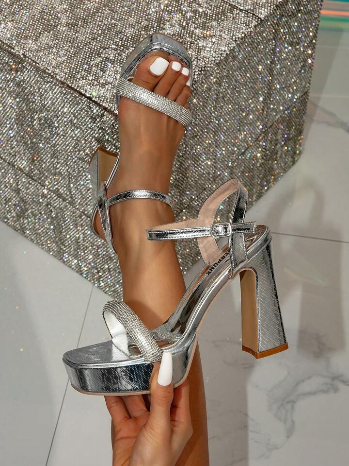 Women s Square Toe Silver Strappy Sandals With Thick Heels And Rhinestone Detailing SHEIN
