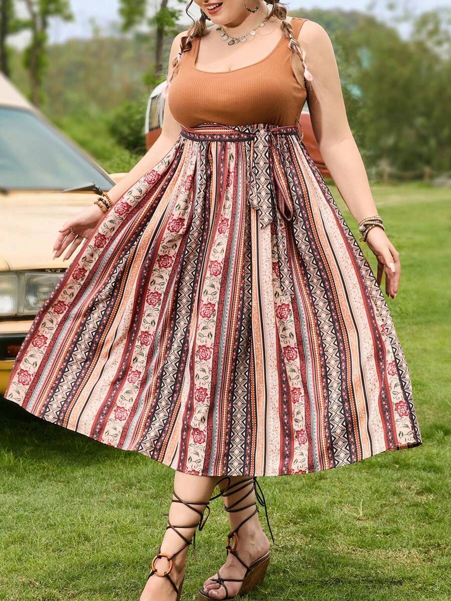 Dreamara WYWH Plus Size Váy chữ A chắp vá dành cho kỳ nghỉ - Nhiều màu - Xem 1
