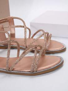 Flat Heeled Round Toe Metallic Sandals With Rhinestone Detailing, Elastic Ankle Strap, Roman Style For Women Valentines
