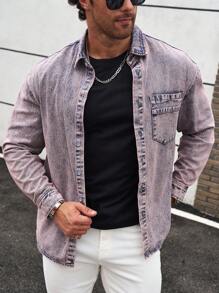 Manfinity Homme Men's Loose Fit Pink Distressed Snow Wash Denim Shirt - Coral Pink - View 6