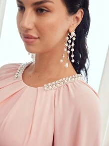 MOTF PREMIUM CHI TIẾT NGỌC TRAI NHỎ GẤP XẾP ÁO CÁT TAY ÁO - Hồng - Xem 3