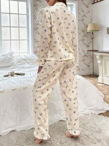 CottageSlumber Floral Pattern Shirt And Pants With Lace Detailing Pajama Set Holiday Season Bountiful Floral Splendor, Fall Winter Clothes Cozy And Elegant Details - Apricot - View 2