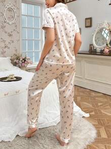 Bộ PJ Satin PJ tương phản in hoa / Bộ Pyjama - Màu be - Xem 2