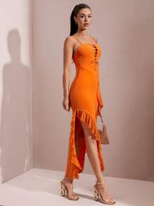 SHEIN BAE Vestido naranja para mujer con dobladillo asimétrico y decoración con ribete de volantes, con tirantes delanteros atados con huecos, vestido largo de verano sexy y dulce - Naranja - Ver 5