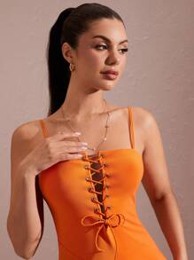 SHEIN BAE Vestido naranja para mujer con dobladillo asimétrico y decoración con ribete de volantes, con tirantes delanteros atados con huecos, vestido largo de verano sexy y dulce - Naranja - Ver 6