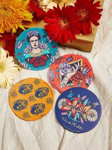 Frida Kahlo X SHEIN 4pcs/Set Portrait And Floral Pattern PU Coaster Gift Set - Multicolor - View 1