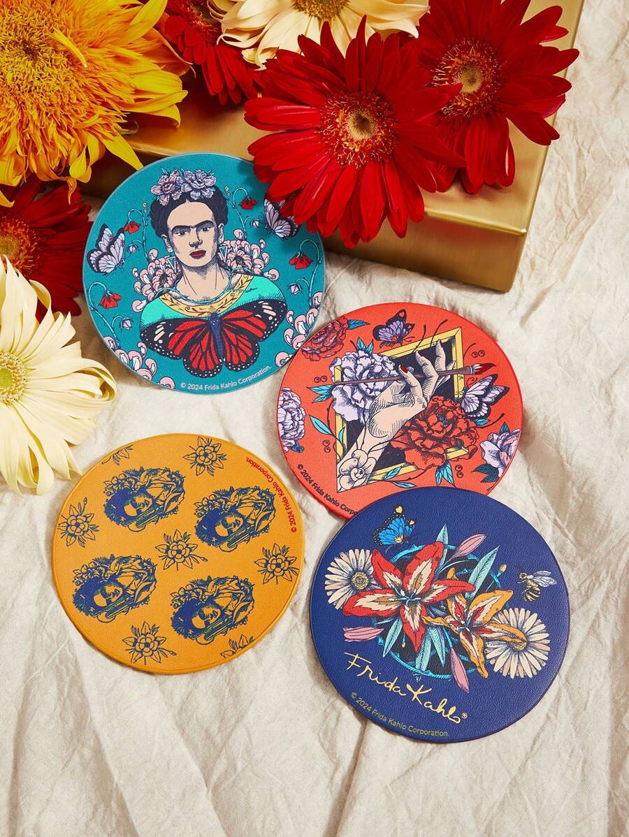 Frida Kahlo X SHEIN 4pcs/Set Portrait And Floral Pattern PU Coaster Gift Set - Multicolor - View 1