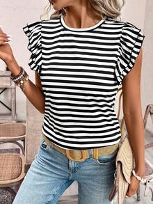 SHEIN Frenchy Women's Double Ruffle Short Sleeve T-Shirt, Black And White Striped Top, Embroidered Wavy Sleeves, Ideal For Vacation And Daily Wear, French Elegance - Black - View 3