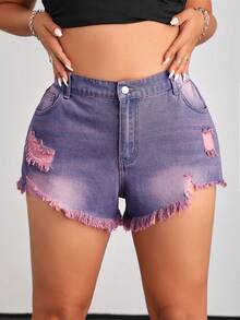 SHEIN ICON Plus Size Women Denim Shorts Sexy Street Style Purple Ripped Hot Pants - Mauve Purple - View 6