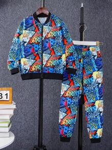 SHEIN Tween Boy Letter Graphic Zip Up Bomber Jacket & Trousers Without Tee - Multicolor - View 1