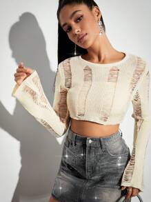 SHEIN BAE Shape Cream Ladder Detail Knit Flare Sleeve Crop Sweater