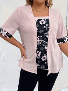 SHEIN LUNE Plus Size Women's Loose-Fit Short Sleeve T-Shirt With Floral Print Patchwork For Summer - Dusty Pink - View 4
