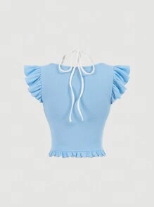 SHEIN MOD Square Collar Color-Blocked Lace Spliced Flutter Sleeve T-Shirt With Ruffle Hem