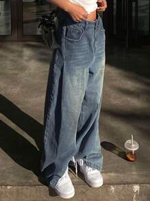 DAZY Ladies' Wide Leg Jeans With Distressed & Faded Effect,Baggy Jeans,Back To School Clothes - Baby Blue - View 3