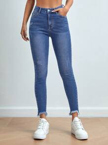 SHEIN PETITE Pantalones vaqueros de mezclilla ajustados y cepillados de unicolor de moda para mujer - azul real - Ver 1