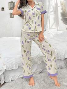 CottageSlumber 女士對比色打底睡衣套裝，印花拼接設計，配有對比色口袋。