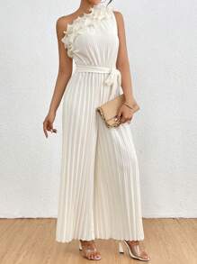 Chiquease Women's Summer Elegant Solid Color Asymmetrical Neckline Pleated Sleeveless Jumpsuit - Apricot - View 3