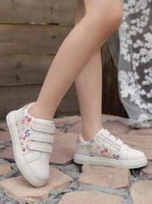Kids' Fashionable And Sweet Embroidered Sports Casual Shoes With Small Flowers