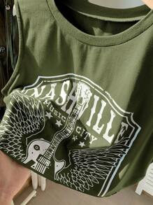 SHEIN Comfortcana Áo crop top cắt hộp mùa hè dành cho nữ, áo ba lỗ in chữ & ghi-ta trong lễ hội âm nhạc - xanh quân đội - Xem 6