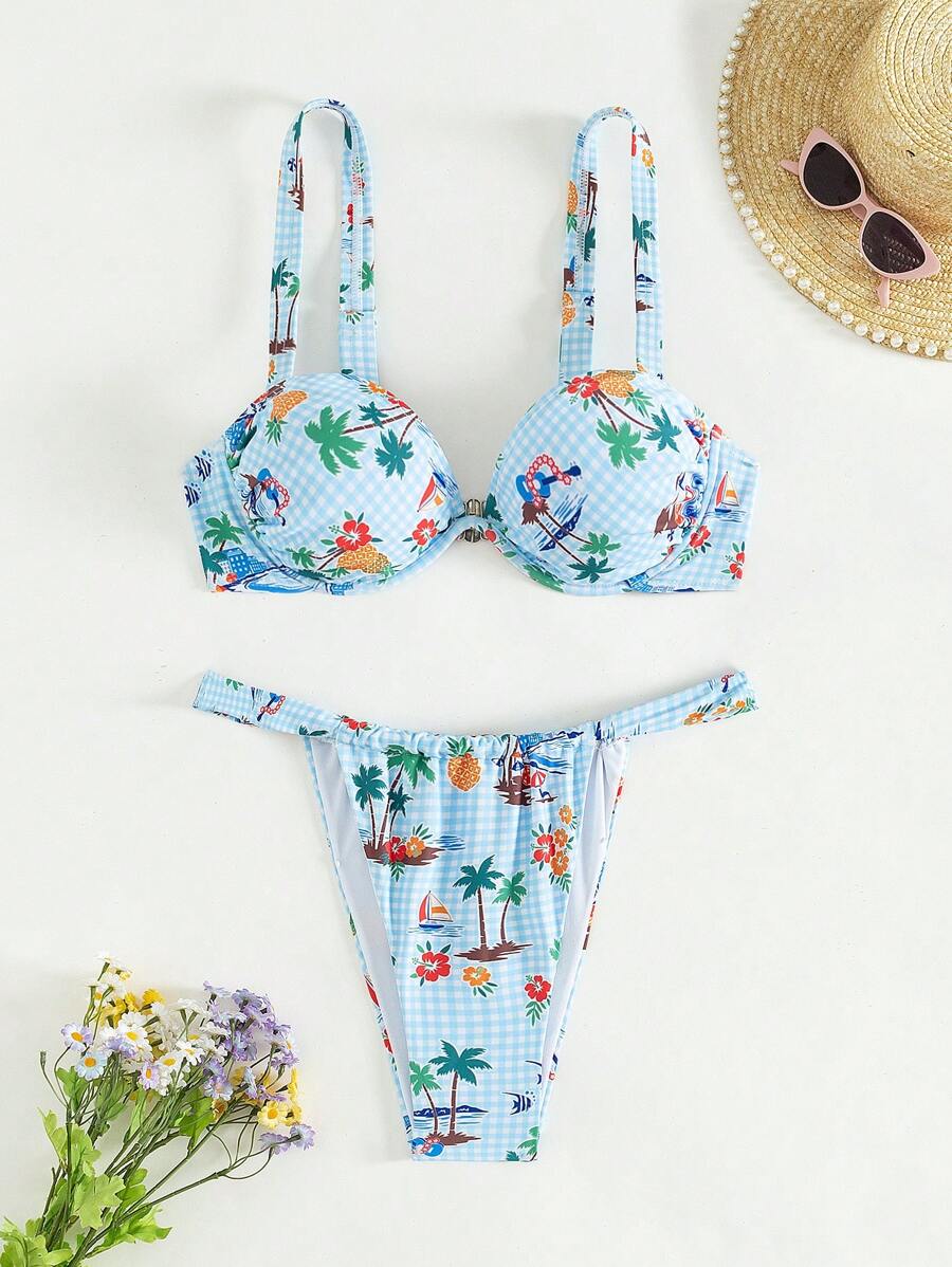 SHEIN Swim Tropical And Gingham Print Underwire Thong Bikini Set,Summer Beach - Multicolor - View 1