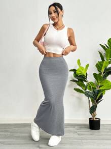 SHEIN EZwear 女士黑色针织紧身及膝裙 - 灰色 - 查看 3