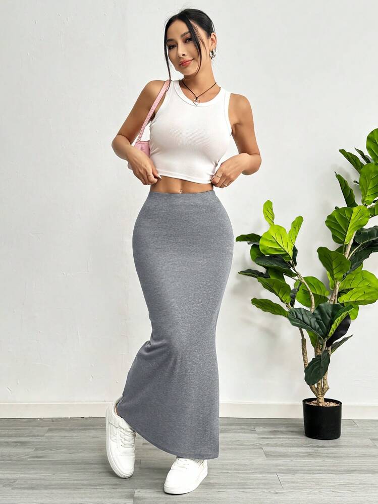 SHEIN EZwear 女士黑色针织紧身及膝裙 - 灰色 - 查看 3